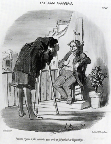 Honor Daumier: Position rpute la plus commode pour avoir un joli portrait au Daguerrotype, aus der Serie Les bons bourgeois in der Zeitschrift Le Charivari, 24. Juli 1847