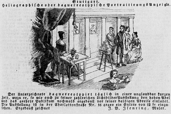 Verwendung von sechs Kameras im Atelier des Wanderdaguerreotypisten Johann Baptist Isenring in Stuttgart, Anzeige in der Schwbischen Chronik, Mai 1841